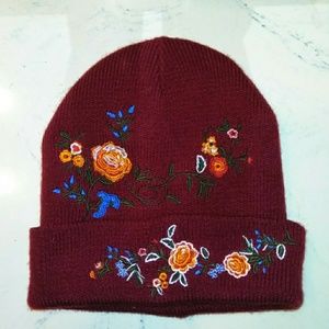 Maroon Floral Embroidery Forever21 Beanie Skullcap
